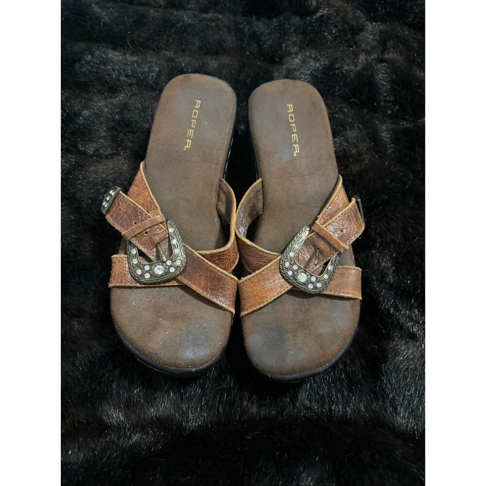 Roper Sandals Women’s 8 Brown Leather Straps Chunky Wedge Top Buckle Western